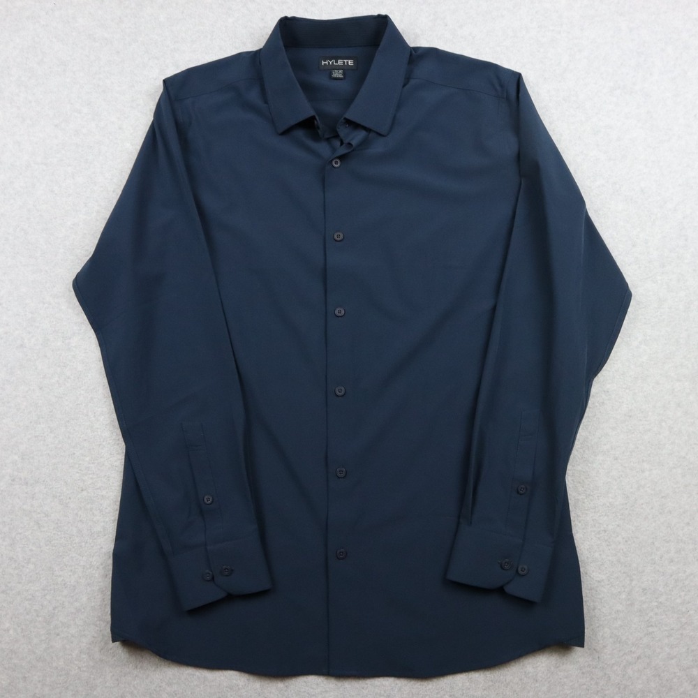 Hylete Shirt Mens XL Microfiber Business Casual Button Up Navy Blue Long‎ Sleeve